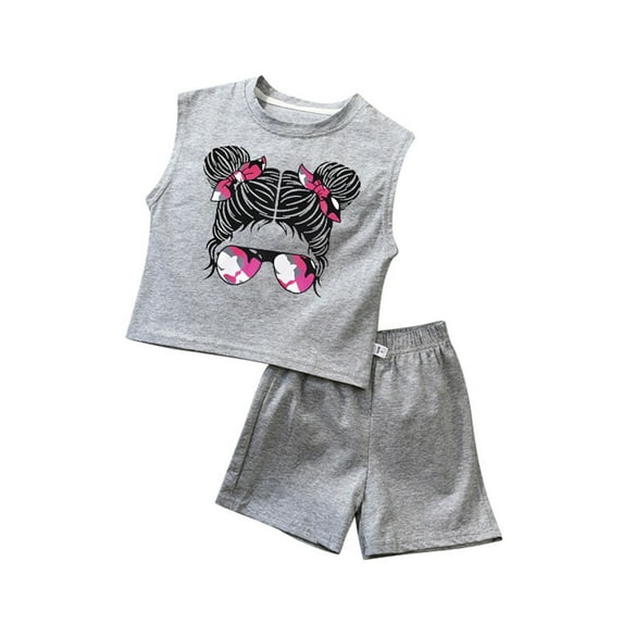 Laipiong Girls Summer Outfits 2 Piece Set Cute Toddler Tank Top And Shorts Casual Playwear Soft Breathable Comfortable Outfit For Baby Girl Grey 5-6