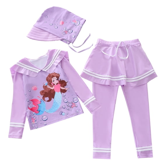 Laipiong Girls' Swimsuit 3 Piece 2026 Funny Cute Print Long Sleeved Rash Guard Bathing Suits Hawaiian Beach Vacation Swimwear