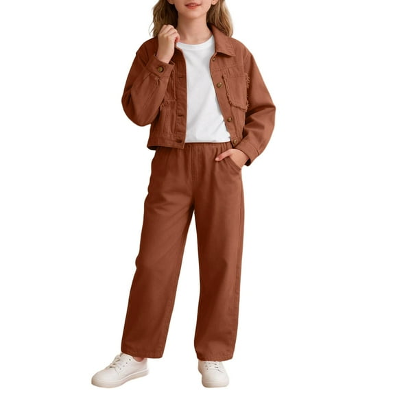 Laipiong Girls Two Piece Outfit Denim Jacket And Wide Leg Pants Fashionable For Big Kids Comfortable Casual Wear For And Autumn Seasons Brown 4-5