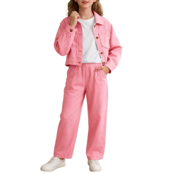 Laipiong Girls Two Piece Outfit Denim Jacket And Wide Leg Pants Fashionable For Big Kids Comfortable Casual Wear For And Autumn Seasons Red 9-10
