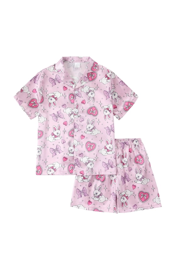 Kids Pajama Sets Cartoon Animal Print Summer Soft Viscose Short Sleeve Shorts Homewear Outfit For Girls And Boys Purple 8-9