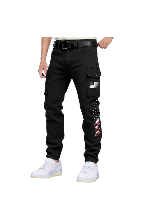 Men's American Flag Patchwork Print Cargo Pants Breathable Stretch Pants for Patriotic Independence Day Wear