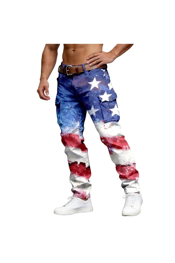 Men's American Flag Patchwork Print Cargo Pants Durable Breathable Pants for Patriotic Independence Day Wear