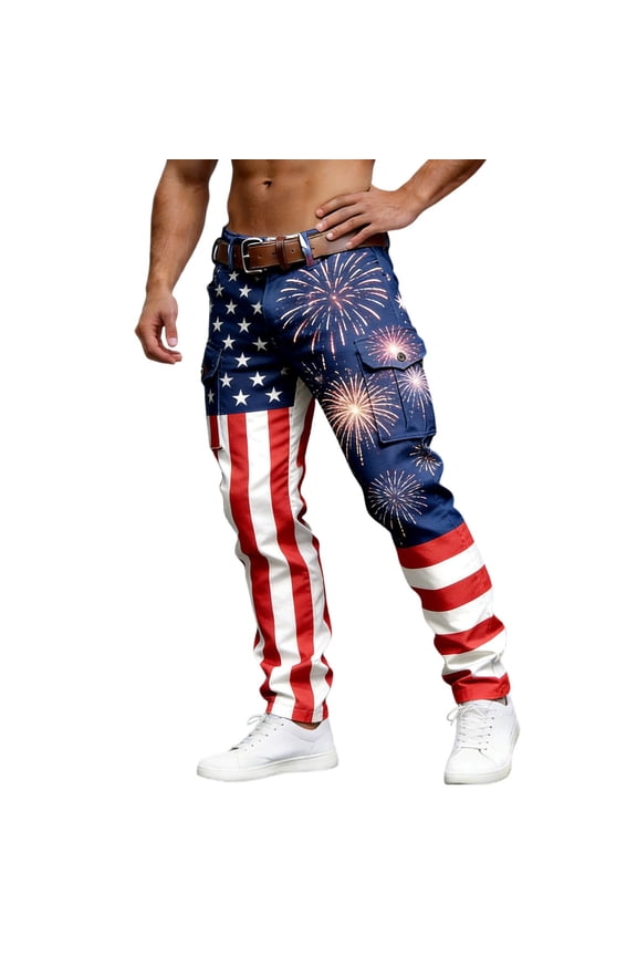 Men's American Flag Star Print Cargo Pants Durable Stretch Pants for Patriotic Independence Day Wear