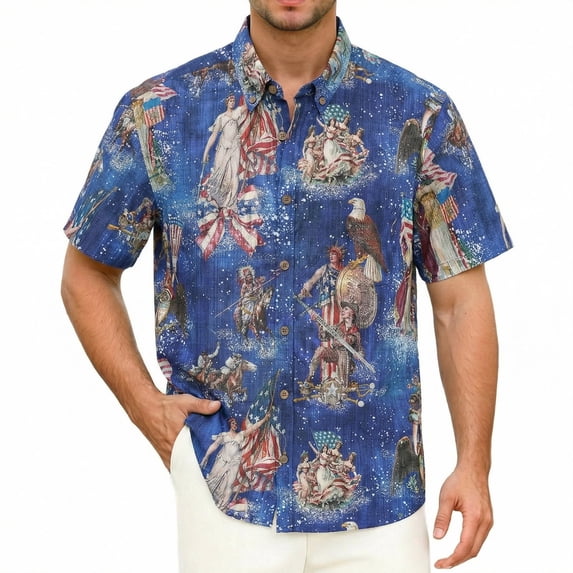 Laipiong Men's Retro American Flag Shirt Patriotic Graphic Short Sleeve Button Down for 4th of July Independence Day Casual Outfit