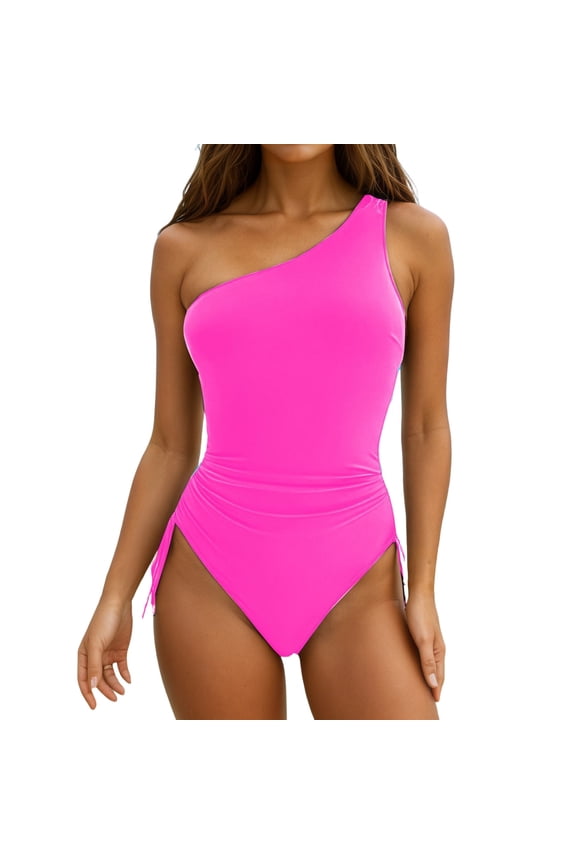One Shoulder One Piece Swimsuit for Women Tummy Control Solid Drawstring Bathing Suits Monokini Bikini Sets for Beach Pool