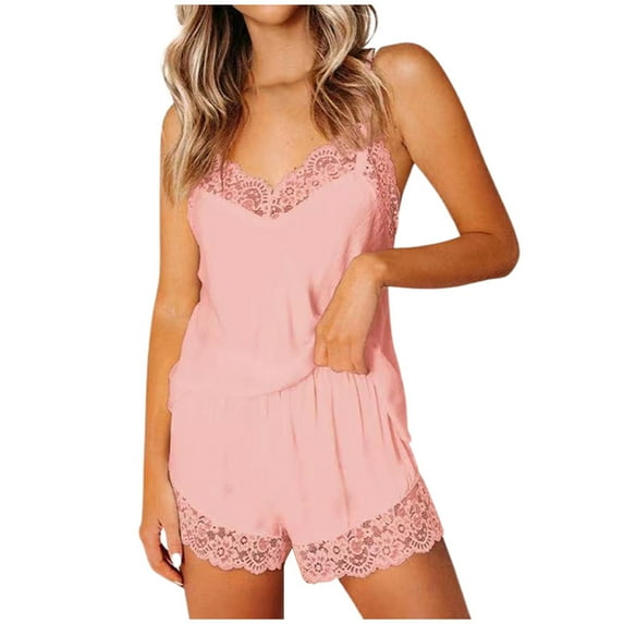 Laipiong Pajama Sets for Women 2 Piece Fashion Lace Solid Color Sleeveless Camisole and Shorts Suits Soft Comfy Sleepwear short sets for women 2 piece