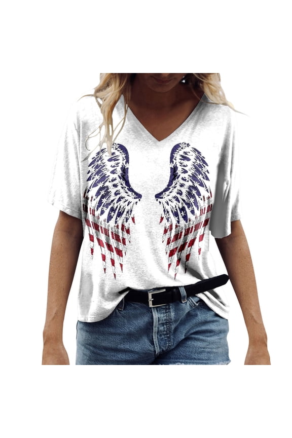 Patriotic Shirts for Women 4th og July American Flag Print Casual Summer V Neck Short Sleeve Tees Loose Fit 2026 Summer Fashion Clothing