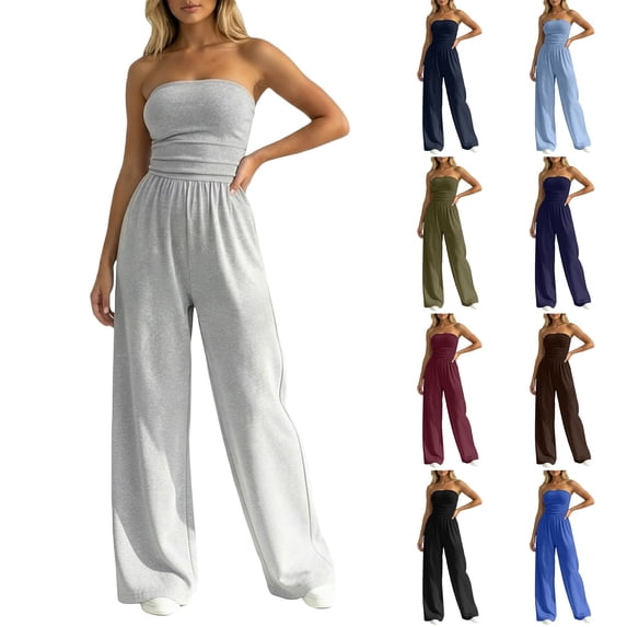 Laipiong Plus Size Jumpsuits for Women 2026 Summer Fashion Strapless Solid Stretchy Wide Leg Romper Pants Casual Vacation One Piece Outfits