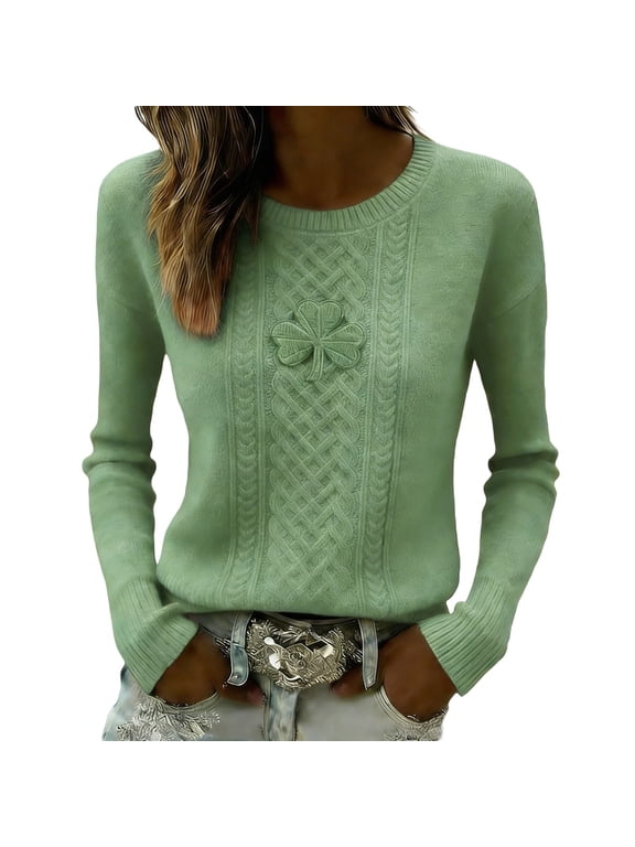 St. Patrick's Day Sweaters for Women Trendy Shamrock Embroidered Cable Knit Crewneck Sweatshirts Cozy Comfy Irish Loose Tops
