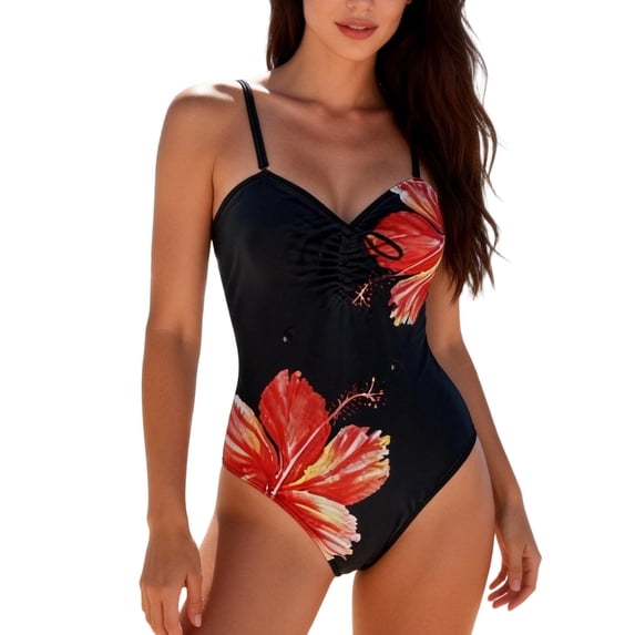 Laipiong Women Tummy Control One Piece Swimsuit 2026 Summer Floral Print Drawstring V Neck Bikini Sets Beach Vacation Bathing Swimwear
