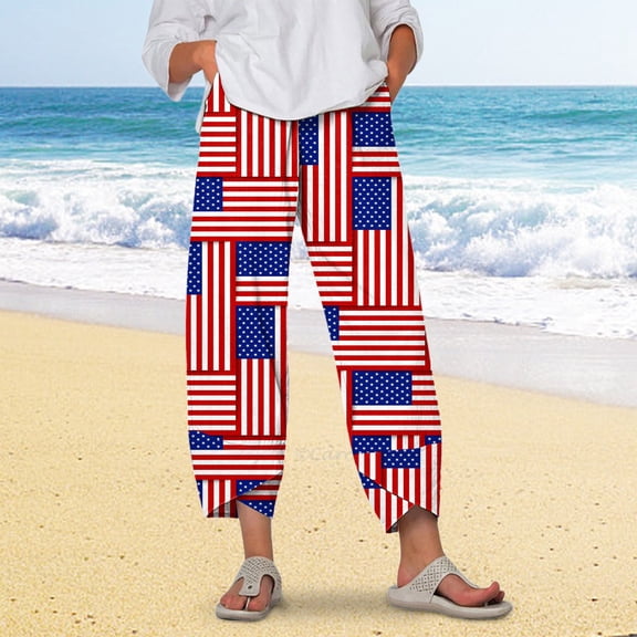 Laipiong Women's American Flag Print Capri Pants Patriotic Casual Stretch Fabric Trousers for 4th Of July Patriotic Wear