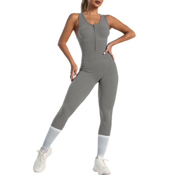 Laipiong Women's Jumpsuits Summer Casual Sleeveless Zip Up Crewneck Solid Workout Backless Bodysuit Rompers Stretchy Yoga Running Workout Outfits