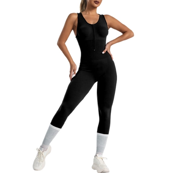 Laipiong Women's Jumpsuits Summer Casual Sleeveless Zip Up Crewneck Solid Workout Backless Bodysuit Rompers Stretchy Yoga Running Workout Outfits