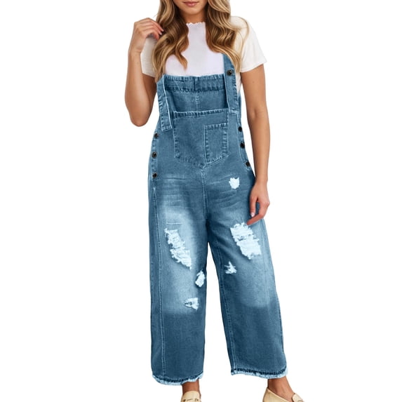Laipiong Womens Summer Denim Jumpsuits 2026 Casual Fashion Sleeveless Adjustable Strap Solid Hole Wide Leg Jeans Rompers Vacation Beach Outfits