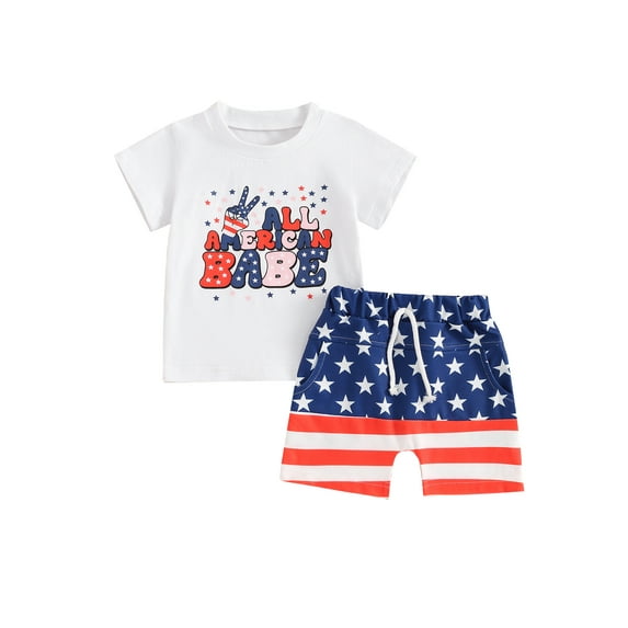 Lairauiy 0-3 Y Toddler Boy 4th of July Outfit Letter Gesture Print Short Sleeve Tops with StarStripe Shorts for Summer