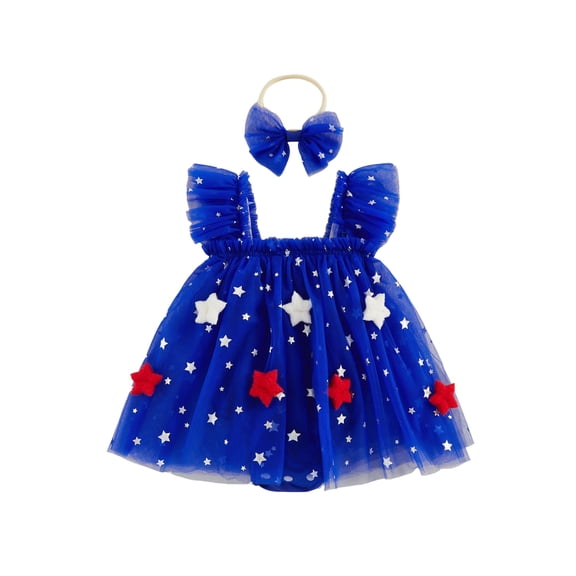 Lairauiy Baby Girls Independence Day Romper Dress 3 6 9 12 18 Months Flying Sleeve Star Embroidery Mesh Bodysuit with Headband for 4th of July