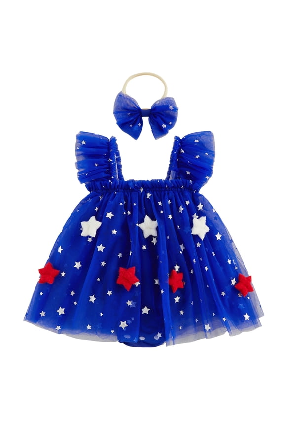 Baby Girls Independence Day Romper Dress 3 6 9 12 18 Months Flying Sleeve Star Embroidery Mesh Bodysuit with Headband for 4th of July