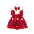 thumbnail image 1 of Lairauiy Baby Girls Independence Day Romper Dress 3 6 9 12 18 Months Flying Sleeve Star Embroidery Mesh Bodysuit with Headband for 4th of July, 1 of 9