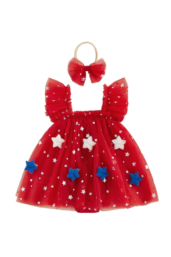 Baby Girls Independence Day Romper Dress 3 6 9 12 18 Months Flying Sleeve Star Embroidery Mesh Bodysuit with Headband for 4th of July
