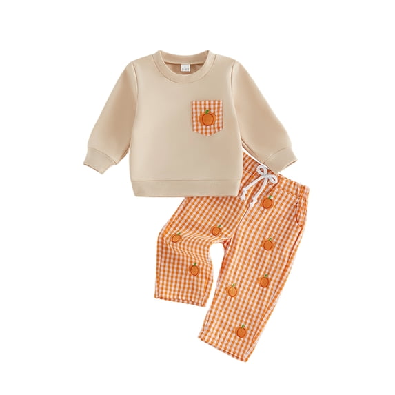 Lairauiy Baby Toddler Boy 2Pcs Fall Outfit Long Sleeve Sweatshirt + Pumpkin Embroidery Pants Set Warm Clothes