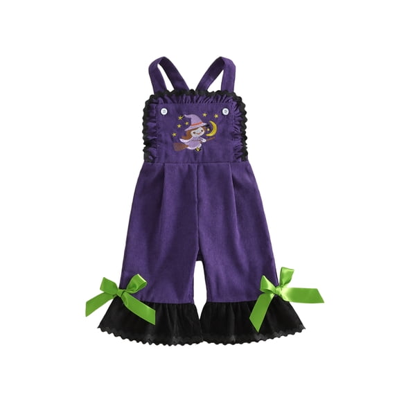 Lairauiy Baby Toddler Girls Halloween Overalls Pumpkin/Witch Embroidery Sleeveless Flared Jumpsuit Suspender Pants