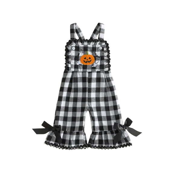 Lairauiy Baby Toddler Girls Halloween Overalls Pumpkin/Witch Embroidery Sleeveless Flared Jumpsuit Suspender Pants