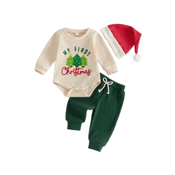 Lairauiy Infant Baby Boys Christmas Outfit Long Sleeve Romper Jogger Pants and Hat Clothes Set 0-18 Months
