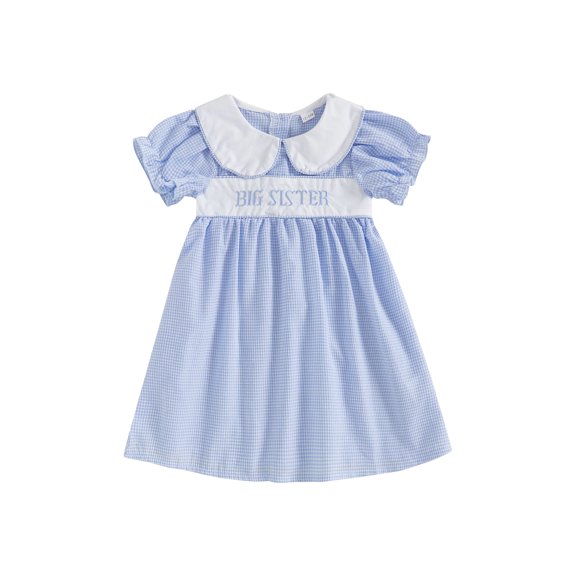 Lairauiy Kids Girls Summer Plaid Dress Letter Embroidery Short Sleeve A-Line Dress for Toddler Cute Clothes