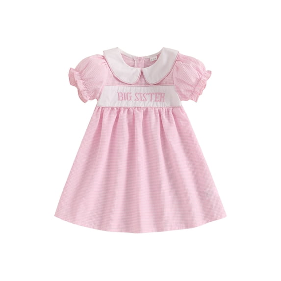 Lairauiy Kids Girls Summer Plaid Dress Letter Embroidery Short Sleeve A-Line Dress for Toddler Cute Clothes