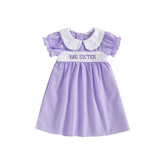 Lairauiy Kids Girls Summer Plaid Dress Letter Embroidery Short Sleeve A-Line Dress for Toddler Cute Clothes