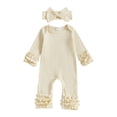 thumbnail image 1 of Lairauiy Newborn Girl Romper Solid Color Ribbed Ruffled Long Sleeve Crew Neck Full Length Jumpsuit with Bow Headband, 1 of 9