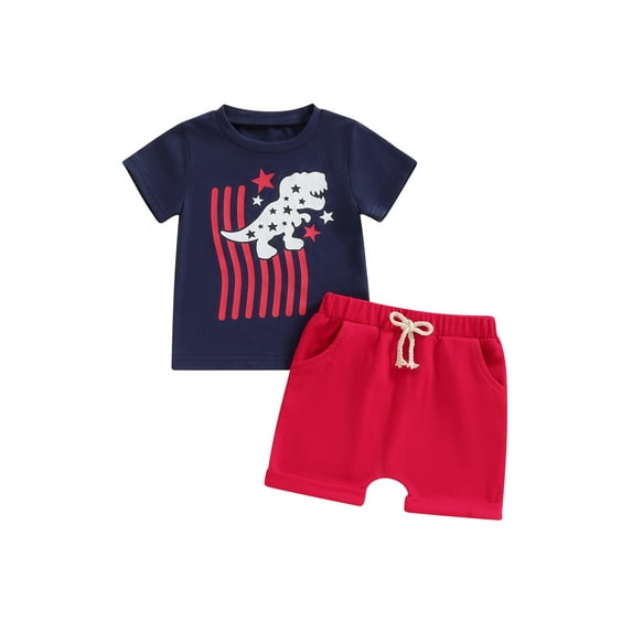 Lairauiy Short Sleeve Cartoon Print Tshirt Drawstring Shorts Outfit Set ( Little Boy's)