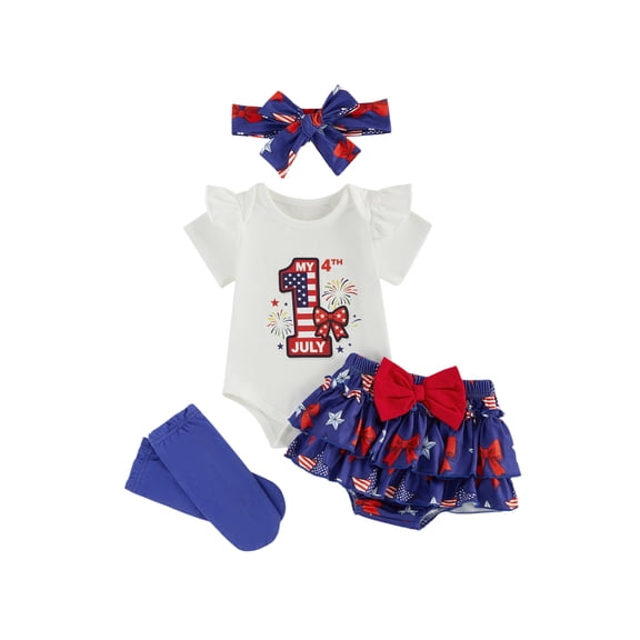 Lairauiy Toddler Baby Girls 4th of July Outfits 3 6 9 12 18 Months Letter Bow Print Short Sleeves Romper and Layered Ruffles Shorts Cute Headband Socks