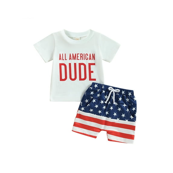 Lairauiy Toddler Boys 4th of July Outfits, Short Sleeve Letter Print T-Shirts + Knot Front Shorts Set,Sizes 0-3 Years old