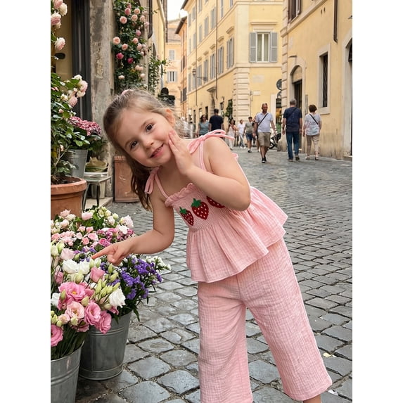 Lairauiy Toddler Girl Summer Outfits Ladybug/Strawberry Embroidery Smocked Cami Tops+ Elastic Waist Long Pants 2 Pcs Set