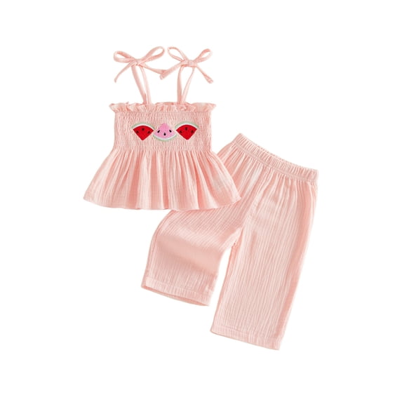 Lairauiy Toddler Girl Summer Outfits Ladybug/Strawberry Embroidery Smocked Cami Tops+ Elastic Waist Long Pants 2 Pcs Set