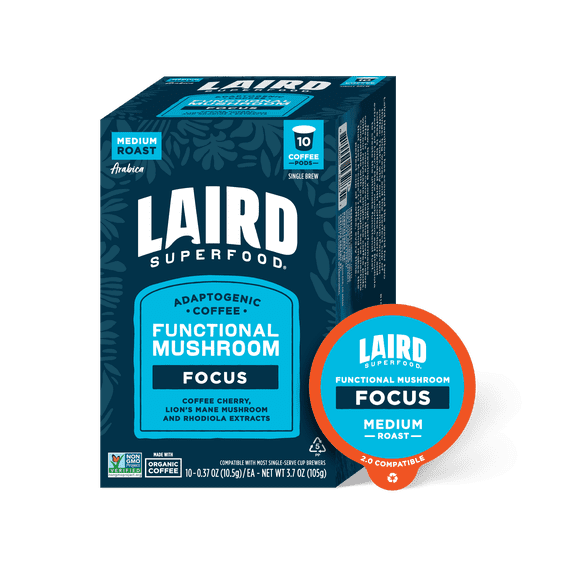 Laird Superfood Focused Energy Medium Roast Coffee Pods with Functional Mushrooms, Single Serve Coffee Pods, 10 Count