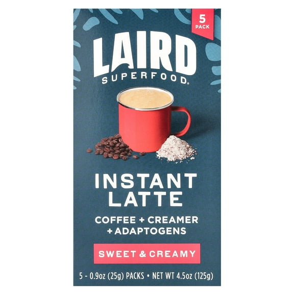 Laird Superfood Instant Latte, Sweet & Creamy, 5 Packs, 0.9 oz (25 g) Each