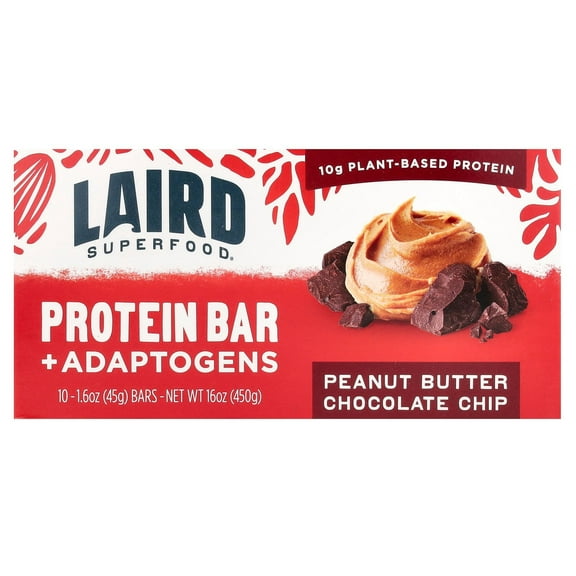 Laird Superfood Functional Protein Bars, Protein Bar but Better with Real Ingredients, Functional Mushrooms 10g Plant-Based Protein, 6g Fiber, Peanut Butter Chocolate Chip, 10 Count (Pack of 1)