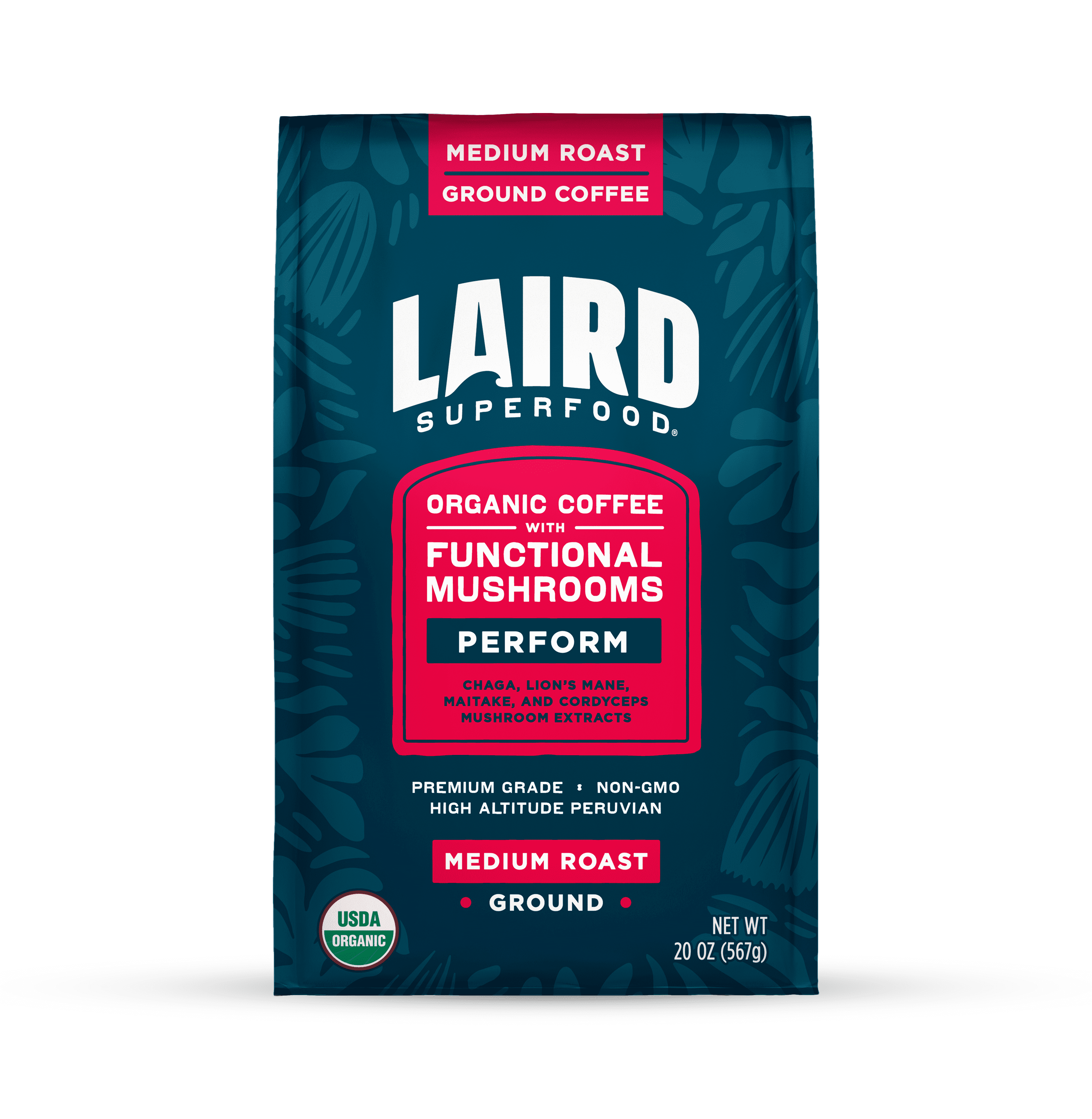 Laird Superfood Peruvian Medium Roast Coffee with Functional Mushrooms, Certified Organic Peruvian Ground Coffee Beans, Gluten-Free, Dairy-Free, Non-GMO, Paleo, Keto Friendly, 20oz. Bag