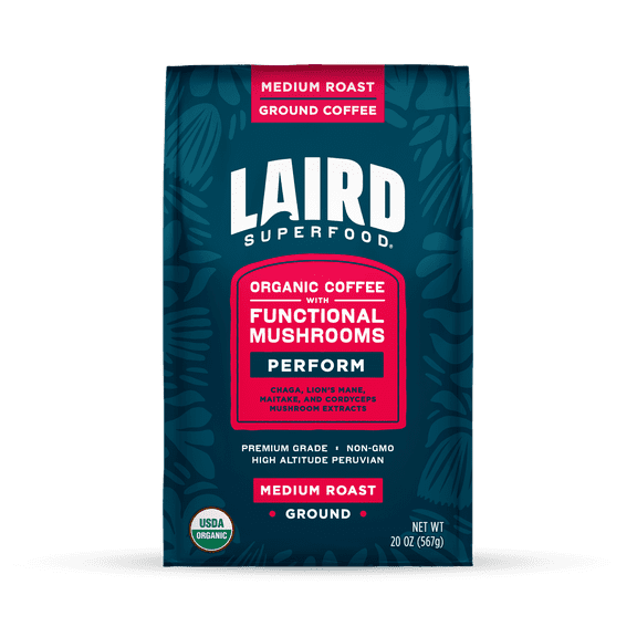 Laird Superfood Peruvian Medium Roast Coffee with Functional Mushrooms, Certified Organic Peruvian Ground Coffee Beans, Gluten-Free, Dairy-Free, Non-GMO, Paleo, Keto Friendly, 20oz. Bag