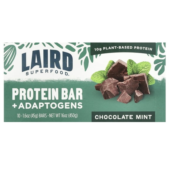 Laird Superfood Protein Bar + Adaptogens, Chocolate Mint, 10 Bars, 1.6 oz (45 g) Each