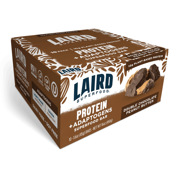Laird Superfood Functional Protein Bars, Protein Bar but Better with Real Ingredients, Functional Mushrooms 10g Plant-Based Protein, 6g Fiber, Double Chocolate Peanut Butter, 10 Count (Pack of 1)
