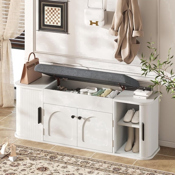 Laisnet Shoe Storage Bench with Cushion & Sliding Barn Doors for Entryway, Wood Shoe Organizer with Lift Top Storage, White