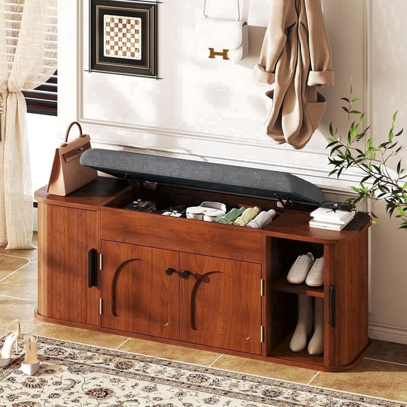 Laisnet 48" Storage Bench for Entryway, Wood Shoe Organizer with Cushion and Barn Doors