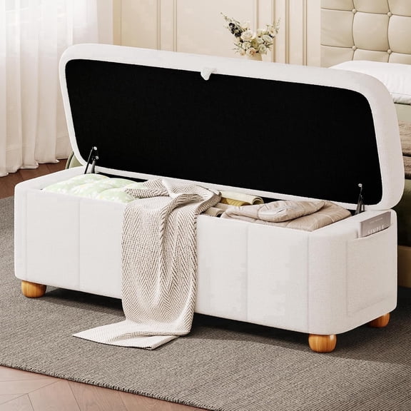Laisnet 48" Storage Ottoman, Upholstered End of Bed Bench with Wood Legs & Side Pockets for Bedroom Living Room, White