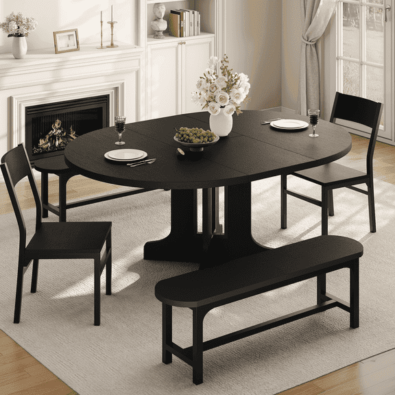Laisnet 5-Piece Extendable Dining Table Set for 4-6, Wood Dinner Table with 2 Chairs & 2 Benches for Kitchen Dining Room, Black