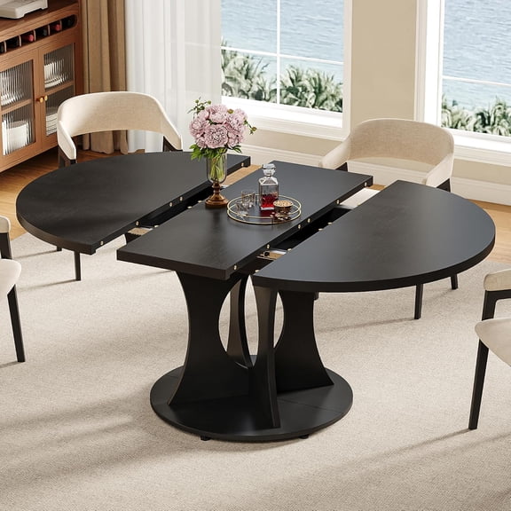 Laisnet 59" Extendable Round Dining Table for 8, Adjustable Top & Pedestal Base, Wooden Kitchen Table, Black