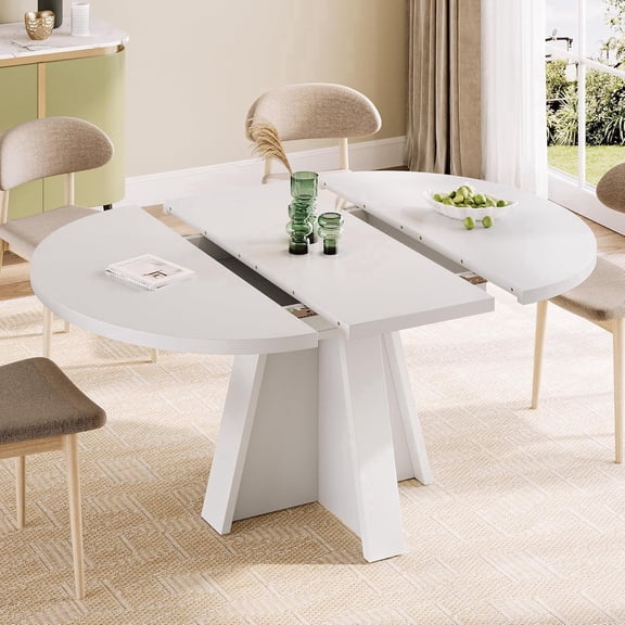 Laisnet 59" Extendable Wooden Dining Table for 6, Modern Round Kitchen Table for Dining Room, White